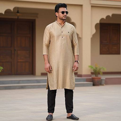 Photograph of a medium-built man with short black hair, sunglasses, and beard, wearing a gold traditional kurta and black pants, standing in front
