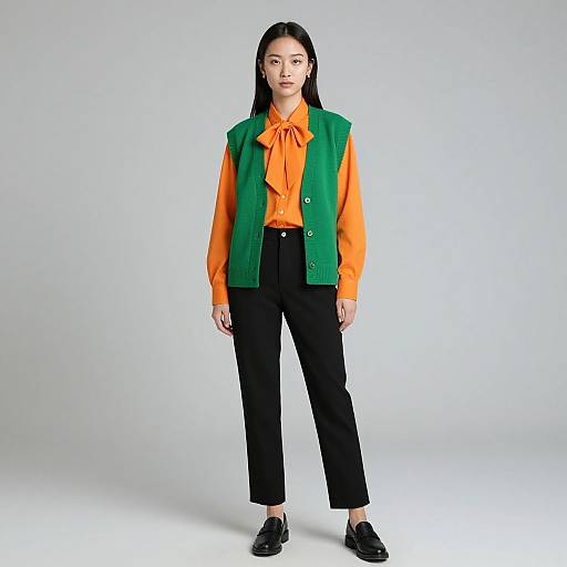 Asian woman with long black hair, wearing green vest over orange blouse, black pants, black loafers, standing against plain white background. Photograph.