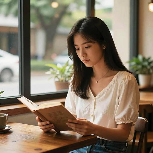 Photograph of an Asian woman with long black hair, wearing a white blouse, reading a book in a sunlit café.