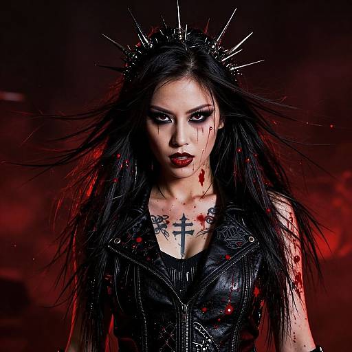 Gothic woman with black hair, red lipstick, bloodstains, spiked crown, black leather vest, cross tattoos, intense gaze, dark red
