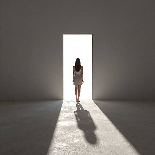Silhouetted woman in white dress walks through bright, rectangular door, casting long shadow on gray floor in minimalist room.