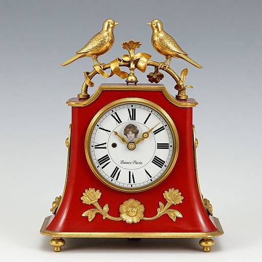 Photograph of an ornate, red and gold vintage clock with black Roman numerals, gold bird statues on top, and floral accents.