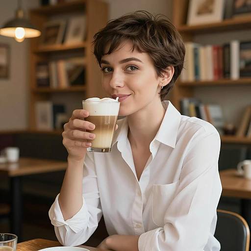 Chic Russian Woman Enjoying Coffee