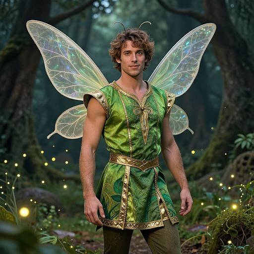 Photograph of a muscular man with curly brown hair, wearing green fairy wings and gold-trimmed green tunic, standing in a magical forest with