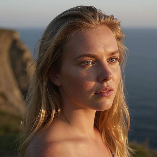 Photograph of a beautiful blonde woman with blue eyes, fair skin, and subtle makeup, standing outdoors by a rocky ocean cliff at sunset.
