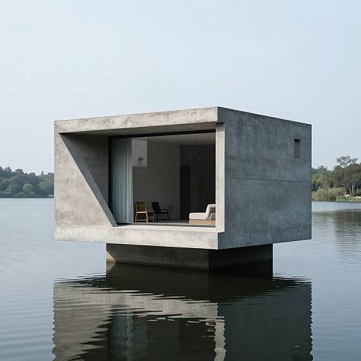 Photograph of a modern, concrete cube house floating on a calm lake, featuring large windows, minimal furniture, and a serene background.