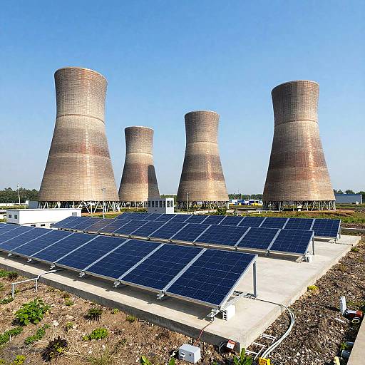 Photograph of three large, cylindrical cooling towers with solar panels on a concrete platform in the foreground under a clear blue sky.