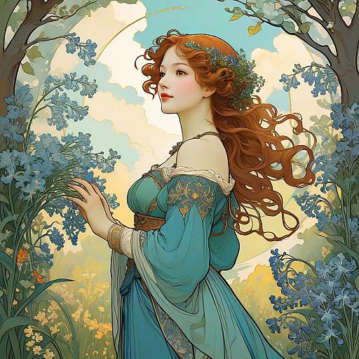 Art Nouveau Woman in Bluebell Garden