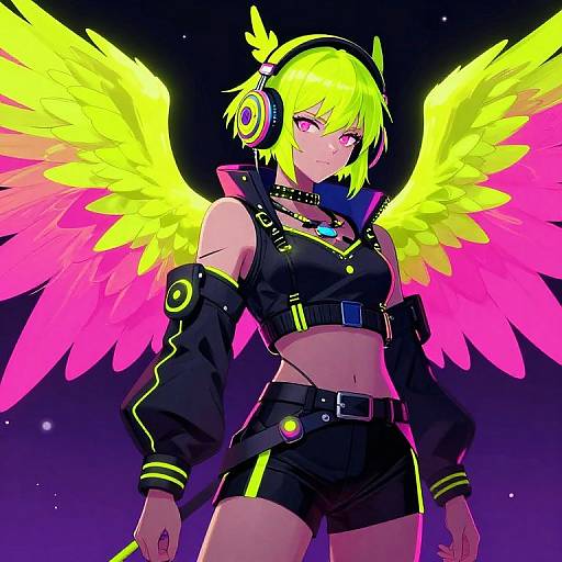 Digital anime artwork of a neon-yellow haired girl with glowing pink and yellow wings, wearing black, cyber-style outfit and headphones.