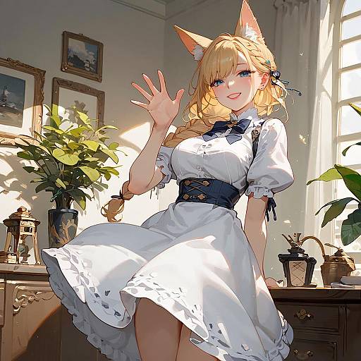 Cheerful Fox Girl in White Dress