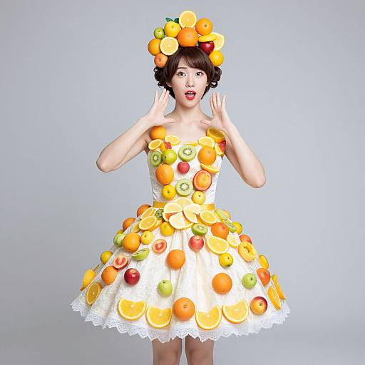 Woman Wearing Dress Decorated with Fruits