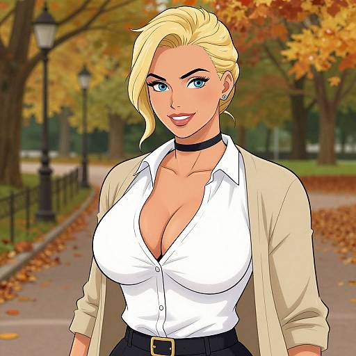 Digital anime-style drawing of a blonde woman with blue eyes, large breasts, white blouse, beige cardigan, black choker, standing in an autumn
