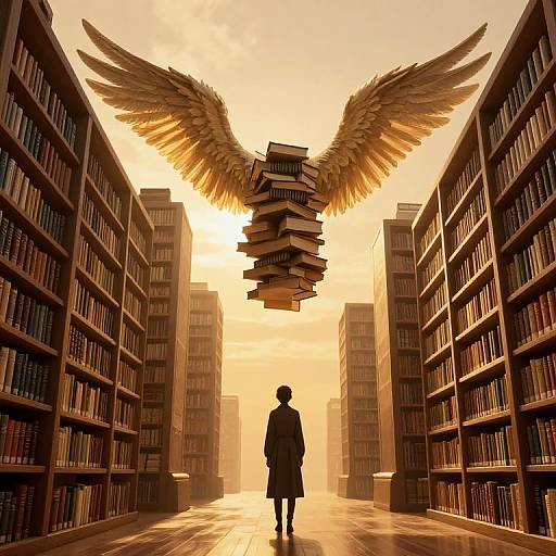 Digital art: Silhouetted figure in a long coat faces towering bookshelves, with a massive, winged stack of books soaring above at