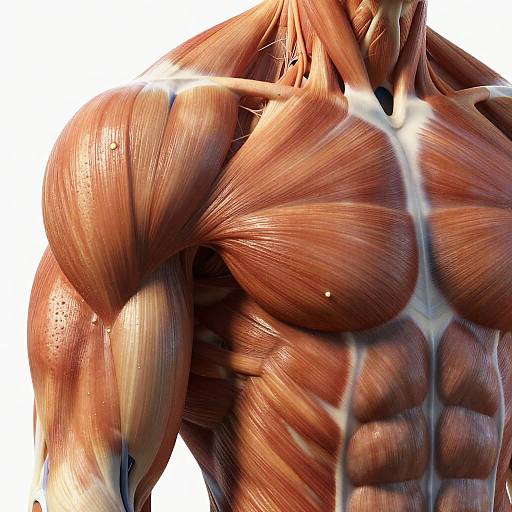 CGI image of a muscular, anatomically detailed male upper body, showing richly textured red and white muscle fibers against a white background.