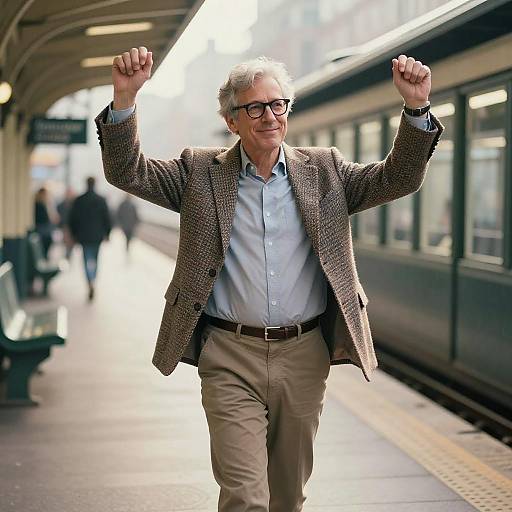 Photograph of a smiling elderly man with gray hair, glasses, brown patterned blazer, light blue shirt, and beige pants, enthusiastically raising his