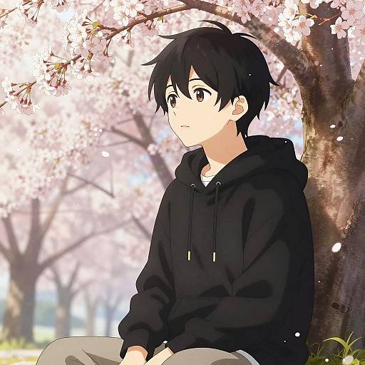 Anime-style drawing of a young boy with black hair, wearing a black hoodie, sitting under a cherry blossom tree, looking thoughtful. Soft pink blossoms