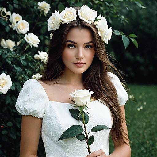Woman in White Dress with White Rose Crown