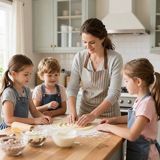 Photograph of a smiling brunette woman teaching three young girls to roll out dough on a wooden kitchen island. Bright, cozy kitchen with green cabinets and sunlight