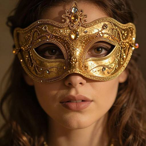 Photograph of a young woman with brown hair, wearing an ornate, gold masquerade mask adorned with jewels, against a dark background.