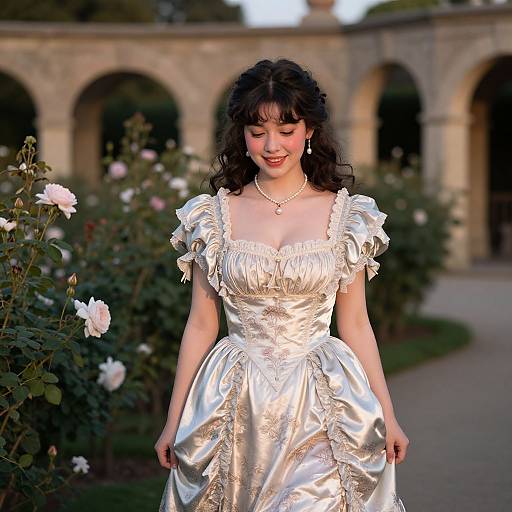 Photograph of a fair-skinned woman with dark curly hair in an elegant, silver satin ball gown, standing in a rose garden with an arched