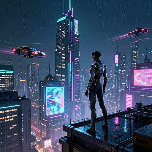 Cyberpunk cityscape at night: silhouetted figure in futuristic armor stands on rooftop, gazing at neon-lit skyscrapers and