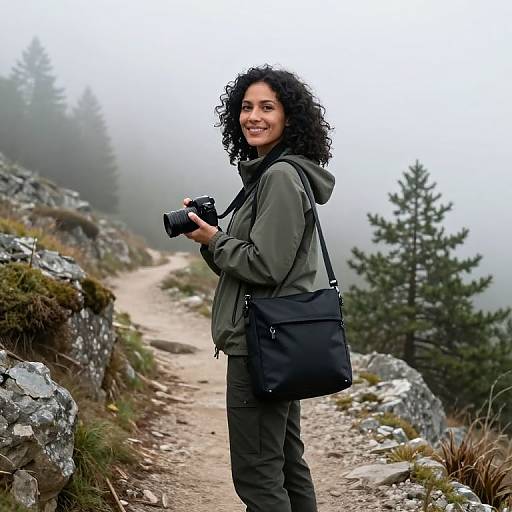 Photograph of a smiling curly-haired woman with medium brown skin, wearing a green jacket and black pants, holding a camera on a misty, rocky