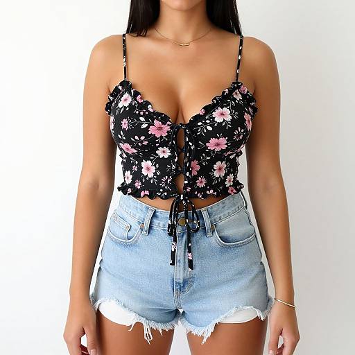 Photograph of a woman with tan skin, wearing a black floral spaghetti strap top, tied at the front, and high-waisted, frayed