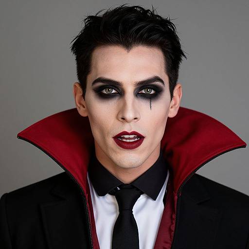 Photorealistic portrait of a pale-skinned man with dark makeup, black hair, red-lined black coat, black tie, and dark red lipstick.