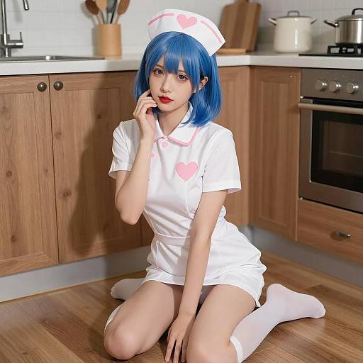 Blue-Haired Nurse in Kitchen Scene