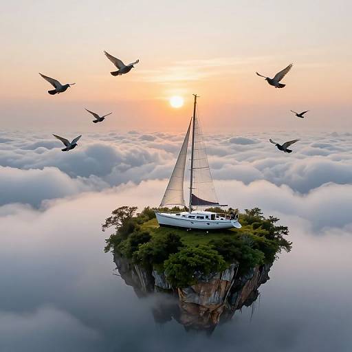 Photorealistic digital art: A white sailboat with tall mast sits atop a lush, cliff-like island surrounded by fluffy clouds, at sunset, with