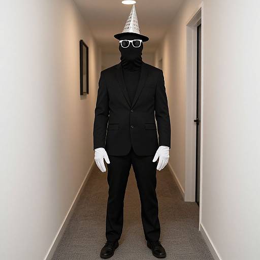 Photograph of a mysterious figure in a black suit, white gloves, black sunglasses, and a white cone hat, standing in a white, narrow hallway