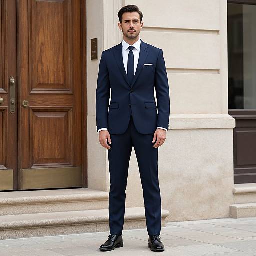 Photograph of a handsome, bearded man in a dark blue suit, white shirt, and black tie, standing confidently in front of a wooden door