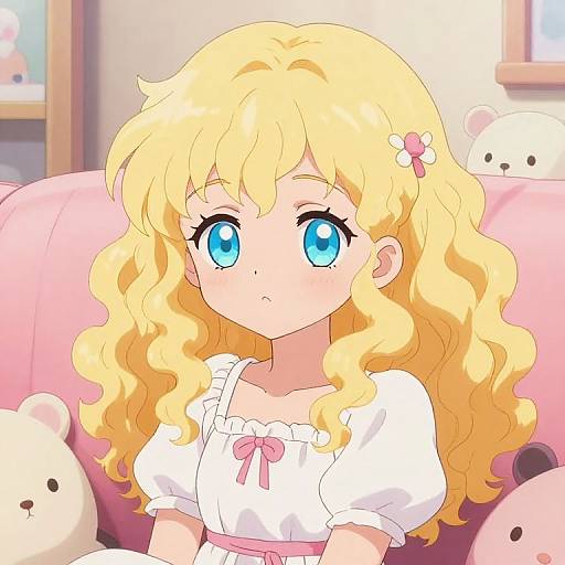 Digital anime-style drawing of a blonde girl with blue eyes, wearing a white dress with pink bow, sitting on a pink couch with teddy bear pillows