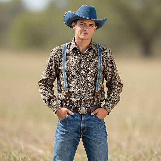 Photograph of a young Caucasian man in a blue cowboy hat, leopard print shirt, blue jeans, and suspenders, standing in a sunlit,