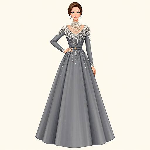 Digital illustration of a confident woman in a sparkling, long-sleeved, gray ball gown with a high neckline and full skirt, standing against a white