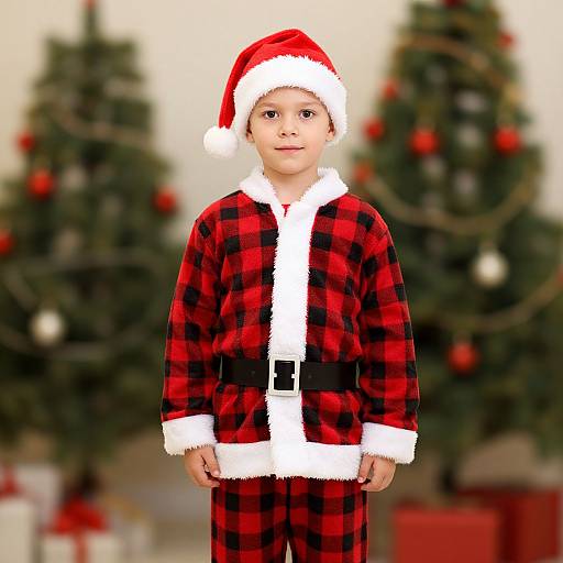 Photograph of a young boy wearing a red and black plaid Santa suit with white fur trim, Santa hat, standing in front of blurred Christmas trees