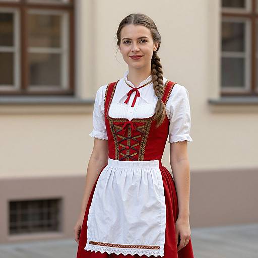 Photograph of a young woman with light skin and brown hair in a braid, wearing a red dirndl dress with white blouse and apron,