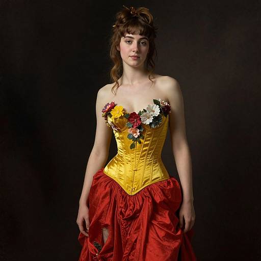 Photograph of a fair-skinned woman with brown hair in an updo, wearing a yellow corset adorned with flowers and a red, ruffled