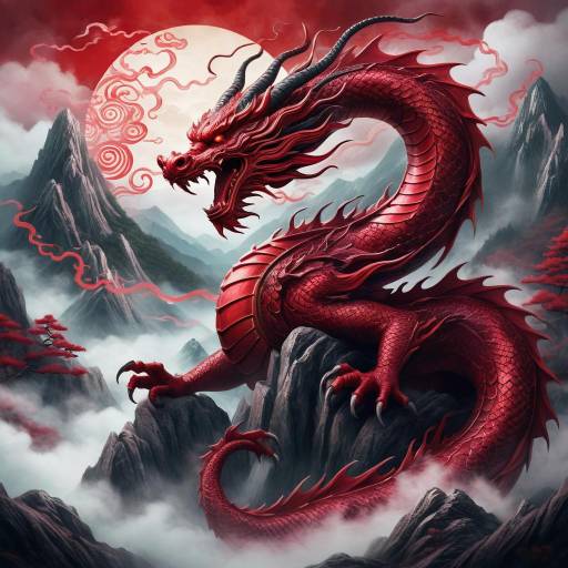 Mythical Asian Dragon in Crimson Elegance Mythical Asian Dragon in Crimson Elegance