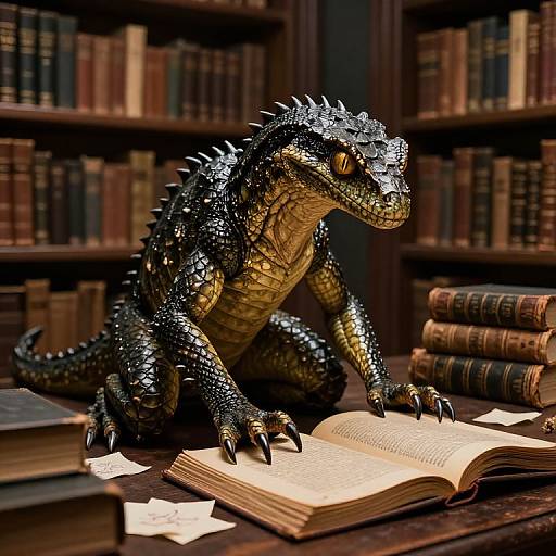 Photorealistic CGI of a black-scaled, spiked dinosaur reading an open book on a wooden library table, surrounded by stacked books.