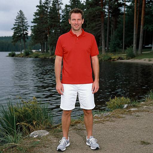 Photograph of a smiling, middle-aged Caucasian man in a red polo and white shorts, standing by a lake with pine trees.