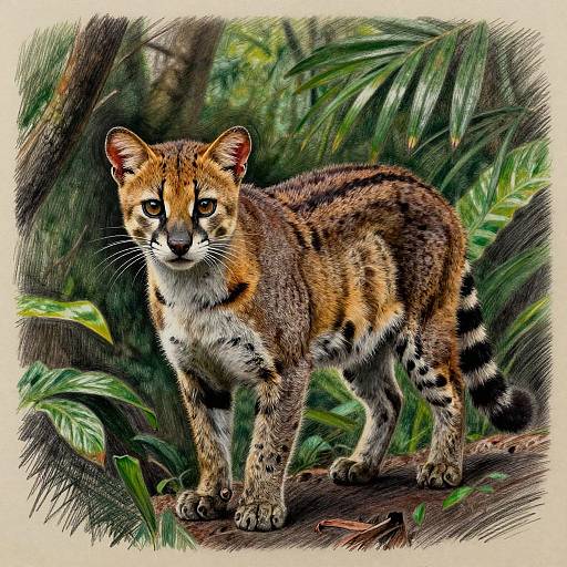 Digital illustration of a sleek, spotted serval cat with orange and black fur, standing alert in a lush, green jungle setting.