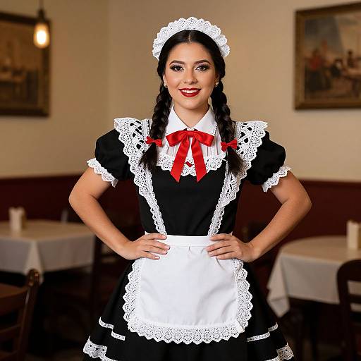 Photograph of a smiling woman with dark hair in braids, wearing a black and white French maid outfit with red bow, standing in a dimly