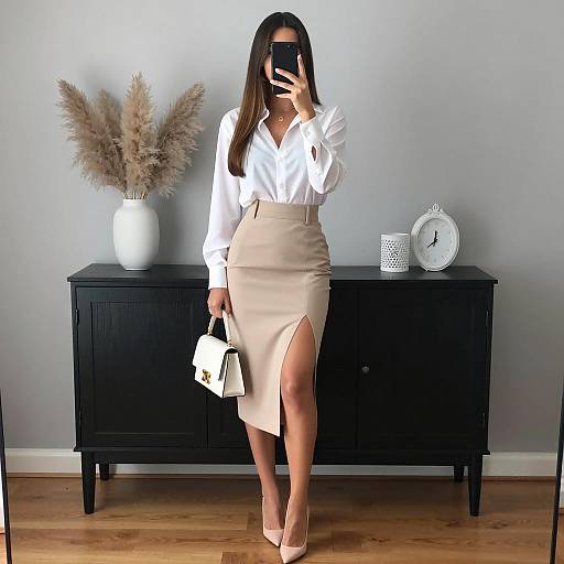 Woman in White Shirt and Beige Skirt Taking Mirror Selfie