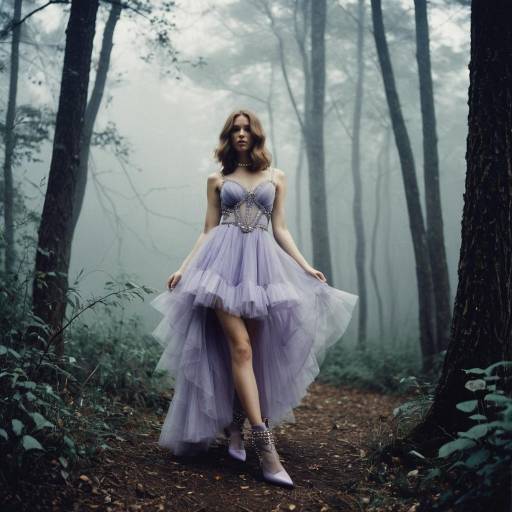 Woman in Lavender Tulle Dress in Foggy Woodland