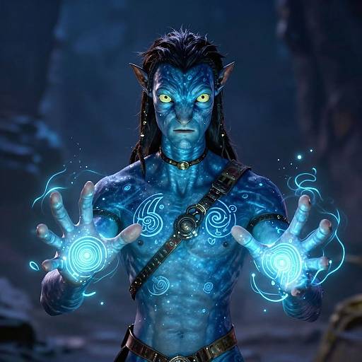 Digital CGI of blue-skinned, muscular male Na'vi with glowing yellow eyes, black dreadlocks, and tribal attire, casting magical blue energy from
