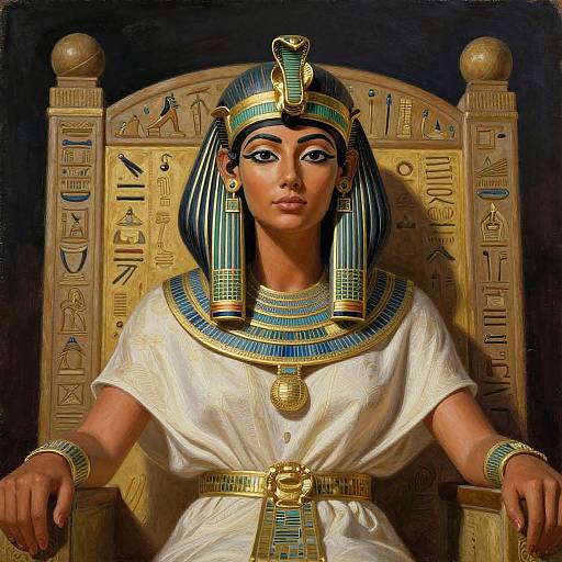 Digital painting of an Egyptian queen with dark skin, blue and gold headdress, white robe, and ornate jewelry, seated on an ancient throne.