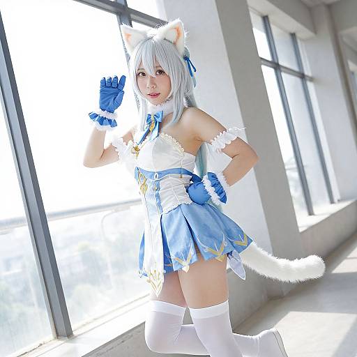 Photograph of an Asian woman in a white and blue anime catgirl cosplay, white hair, cat ears, gloves, skirt, tail, and thigh