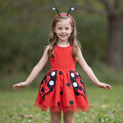 Photograph of a smiling young girl with long brown hair, wearing a red dress with black and white polka dots, black antennae headband,