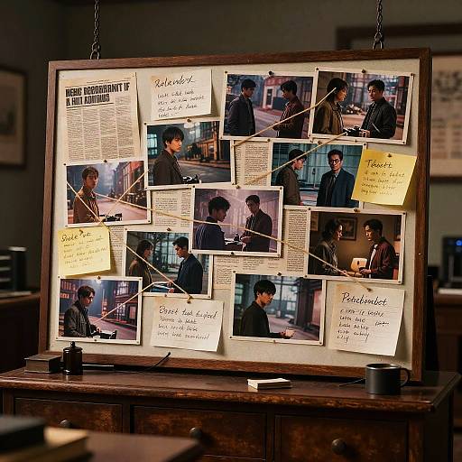 Photograph of a wooden frame collage displaying photos of a man in various scenes, annotated with handwritten notes, hanging on a dark wooden desk in a dim